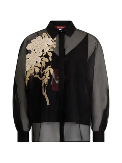 Max Mara Floral-embroidered Sheer Blouse In Black