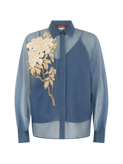 Max Mara Floral-embroidered Sheer Blouse In Blue