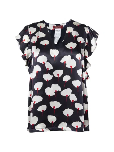 Pre-owned Max Mara Floral-print Ruffled-sleeve Blouse In Black