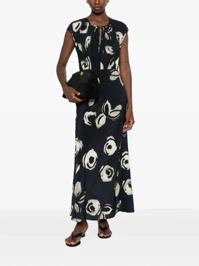 Max Mara Cap-sleeve Floral-print Silk Belted Maxi Dress In Blue