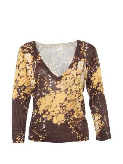 Pre-owned Max Mara Floral-print V-neck Sweater In Brown
