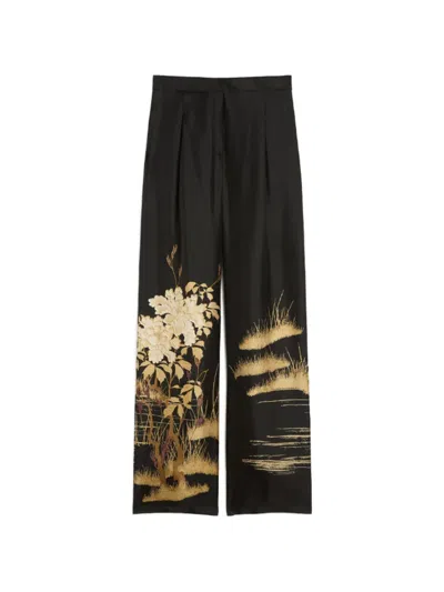 Max Mara Fluid Printed Silk Trousers In Black