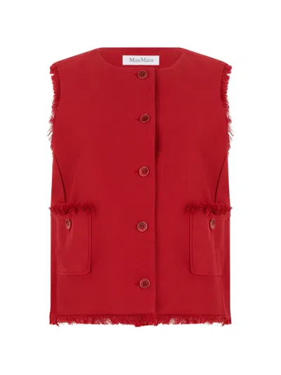Max Mara Frayed-edge Button-up Gilet In Red