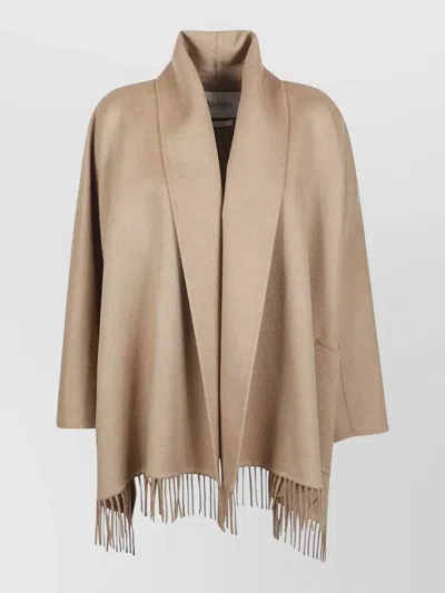 Max Mara Fringe Shawl Collar Coat Side Pockets In Brown