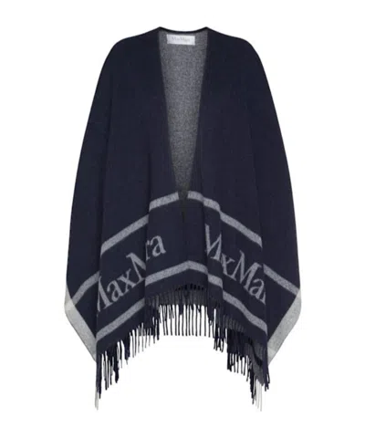 Max Mara Jacquard Logo-decorated Wool Cloak In Navy