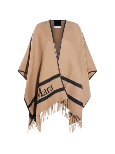 Max Mara Fringed Striped Poncho In Brown