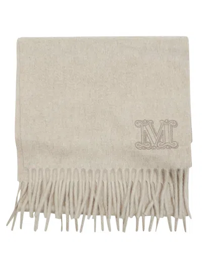 Max Mara Fringed Textured Scarf With Embroidered Logo In Gray