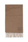 Max Mara Fringed Wool Scarf With Embroidered Logo Detail In Neutral