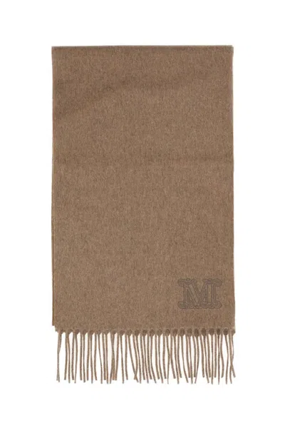 Max Mara Fringed Wool Scarf With Embroidered Logo Detail In Neutral
