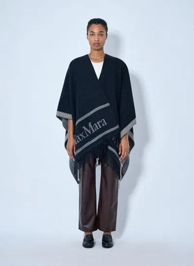 Max Mara Fringed Wool Wrap In Navy