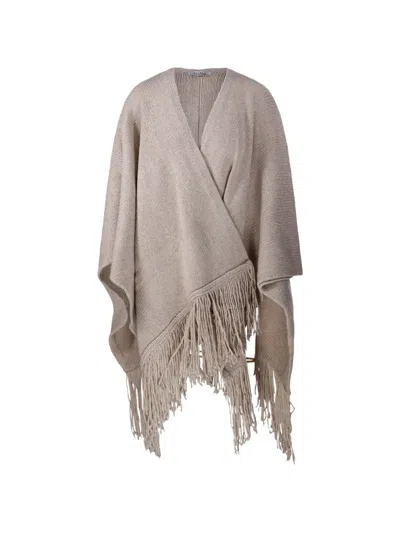 Max Mara Fringe-trimmed Knitted Poncho In Neutral