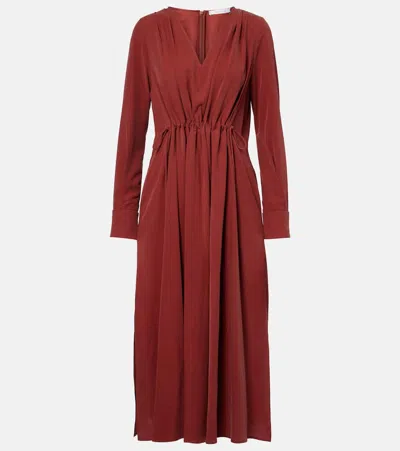 Max Mara Full Gathered Silk Canvas Midi Dress In Brown