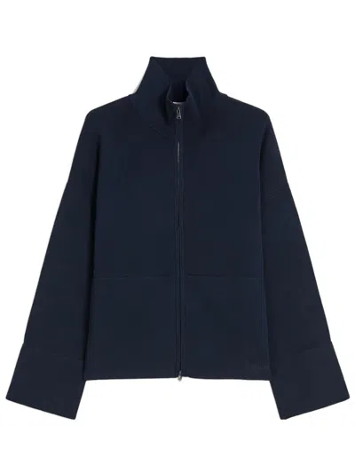 Max Mara Full-zip Cardigan With Embroidered Logo And Front Pockets In Blu