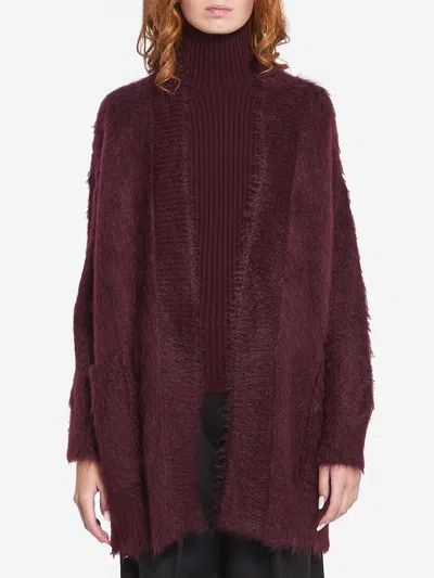 Max Mara Longline Cardigan With Faux Fur Texture In Burgundy