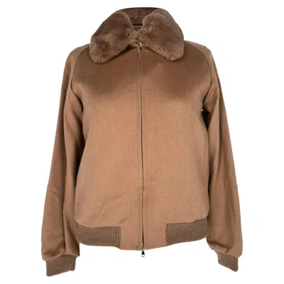 Pre-owned Max Mara Fur-trimmed Bomber Jacket In Brown Camel Hair