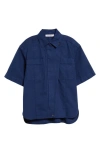Max Mara Gabriel Short-sleeve Zip-front Denim Collared Shirt In Navy