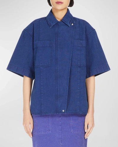 Max Mara Gabriel Short-sleeve Zip-front Denim Collared Shirt In Navy