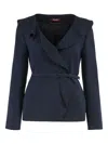 Max Mara Studio Mini Ruffled Cady Jacket With Coordinated Belt In Blue