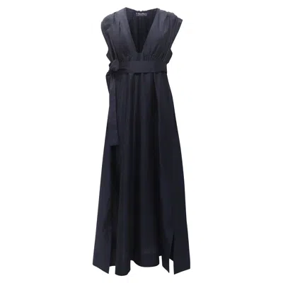Max Mara 's  Genepi Deep Neck Maxi Dress In Navy Blue Ramie In Multi