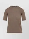 Max Mara Short-sleeve Virgin Wool Sweater With Classic Round Neckline In Brown