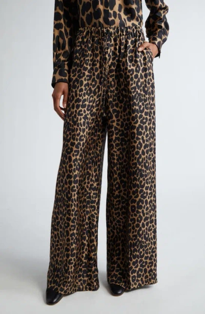 Max Mara Ghinea Leopard Print Silk Wide Leg Trousers In Camel