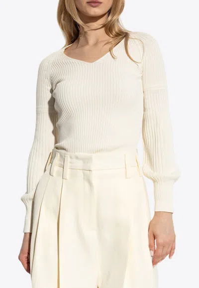 Max Mara Gioisa Ribbed V-neck Sweater In White