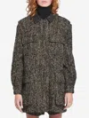 Max Mara Herringbone Pattern Wool Jacket With Leather Collar In Black