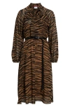 Max Mara Glizia Tiger Stripe Long Sleeve Belted Silk Georgette Midi Shirtdress In Black
