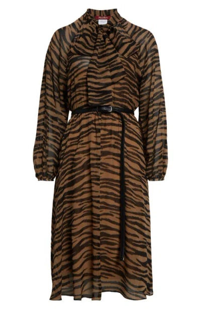 Max Mara Glizia Tiger Stripe Long Sleeve Belted Silk Georgette Midi Shirtdress In Black
