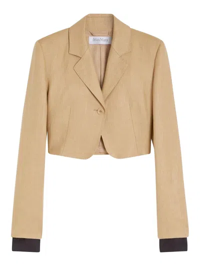 Max Mara Buono Diagonal Cropped Jacket In Camel Linen In Blue