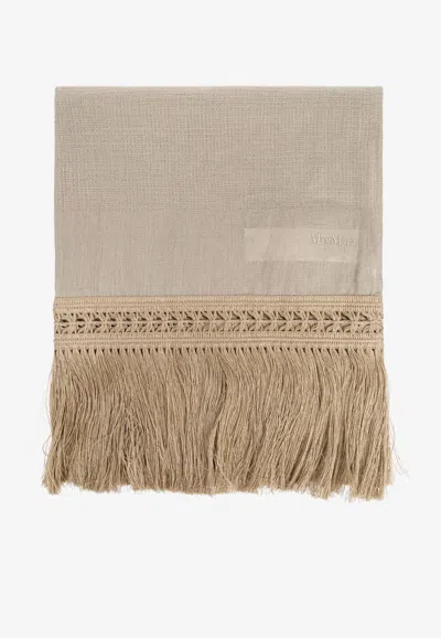 Max Mara Grammo Embroidered Logo Linen Fringed Scarf