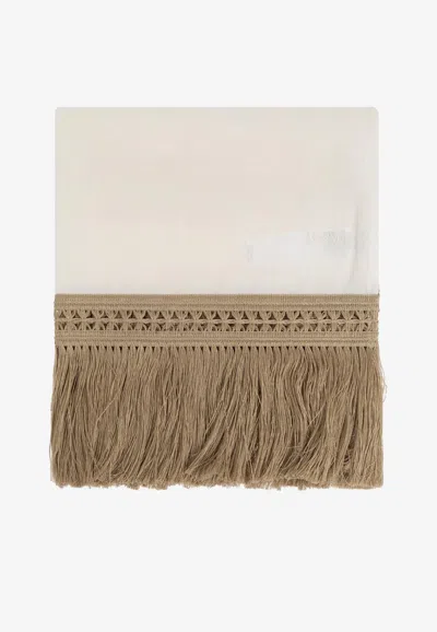 Max Mara Grammo Embroidered Logo Linen Fringed Scarf