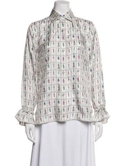 Pre-owned Max Mara Graphic Print Long Sleeve Button-up Top In White