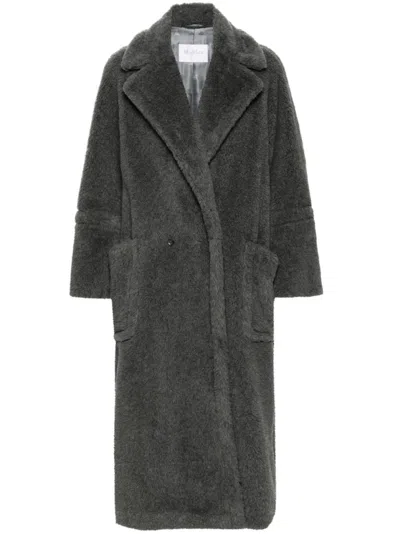 Max Mara Long Double-breasted Teddy Coat With Relaxed Fit In Brown