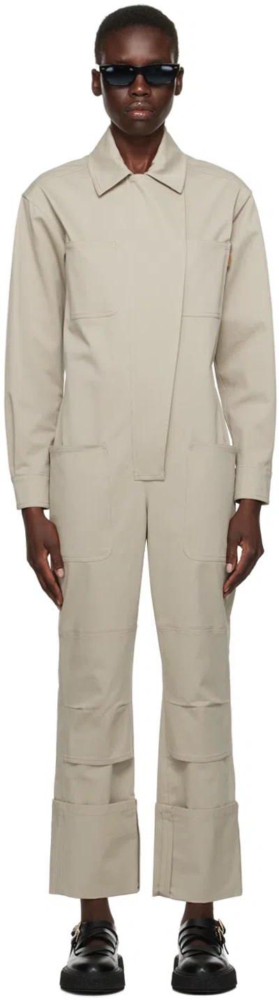 Max Mara Cotton Gabardine Jumpsuit W/shirt Collar In Light Khaki
