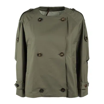 Max Mara Green Crew-neck Trench Coat In Drip-proof Twill