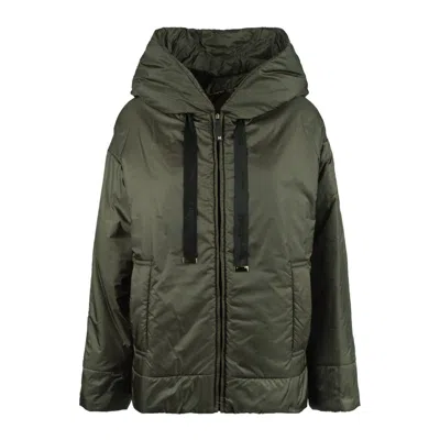 Max Mara Green Khaki Padded Drip-proof Canvas Jacket With Hood