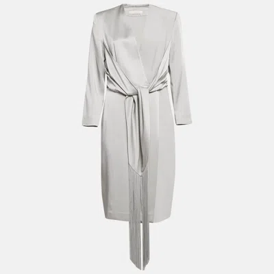 Pre-owned Max Mara Grey Crepe Fringe Cuff Detail Wrap Dress L