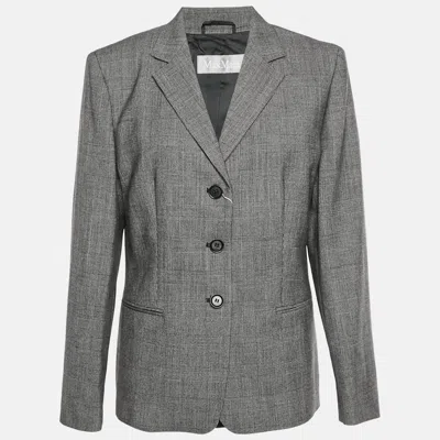 Pre-owned Max Mara Grey Glen Plaid Jacquard Wool Single Breasted Blazer L In Gray