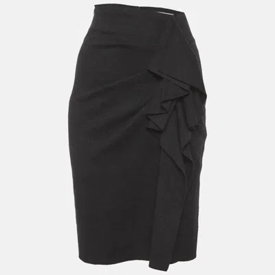 Pre-owned Max Mara Grey Herringbone Wool Blend Ruffle Pencil Skirt S In Gray