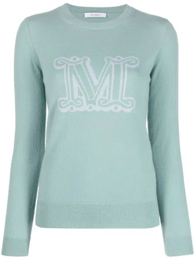 Max Mara Grey Intarsia-knit Logo Cashmere Sweater For Women