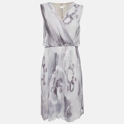 Pre-owned Max Mara Grey Printed Plisse Midi Dress M In Gray