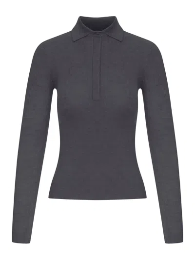 Max Mara Grey Ribbed Knit Polo Shirt In Gray