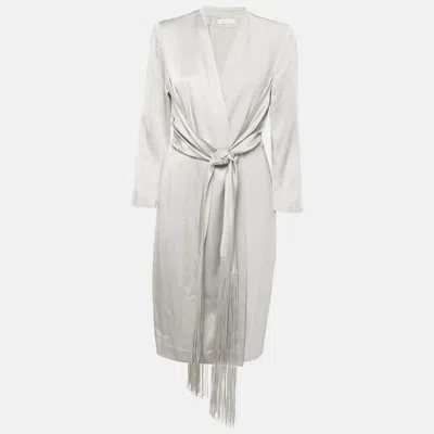 Pre-owned Max Mara Grey Satin Draped Wrap Midi Dress L In Gray