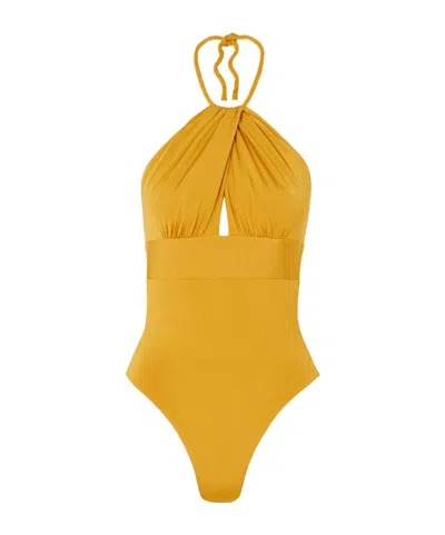 Max Mara Chicca Cutout Gathered Halterneck Swimsuit In Yellow