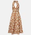Max Mara Halterneck Printed Cotton Midi Dress In Brown