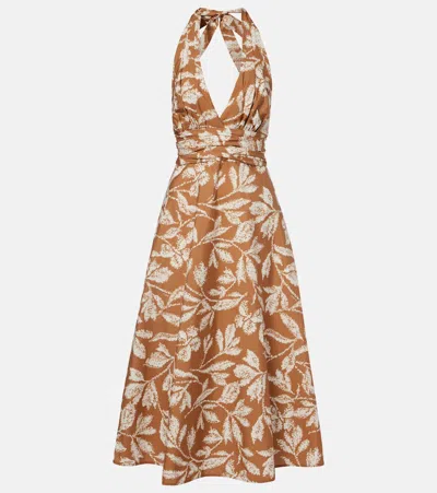 Max Mara Halterneck Printed Cotton Midi Dress In Brown