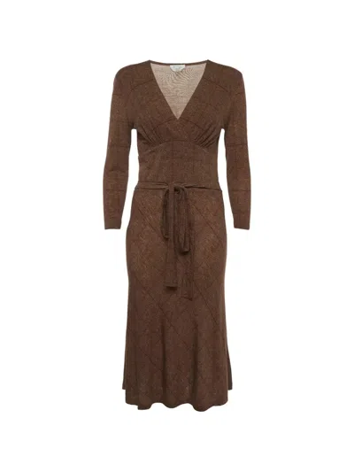 Pre-owned Max Mara Herringbone Belted Midi Dress In Brown