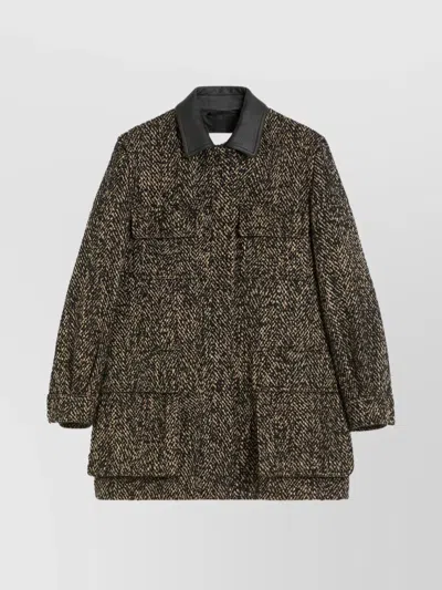 Max Mara Herringbone Pattern Wool Jacket With Leather Collar In Black
