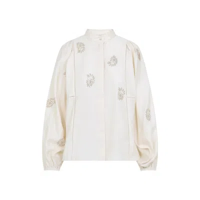 Max Mara High Collar White Cotton Shirt With Embroidered Detail